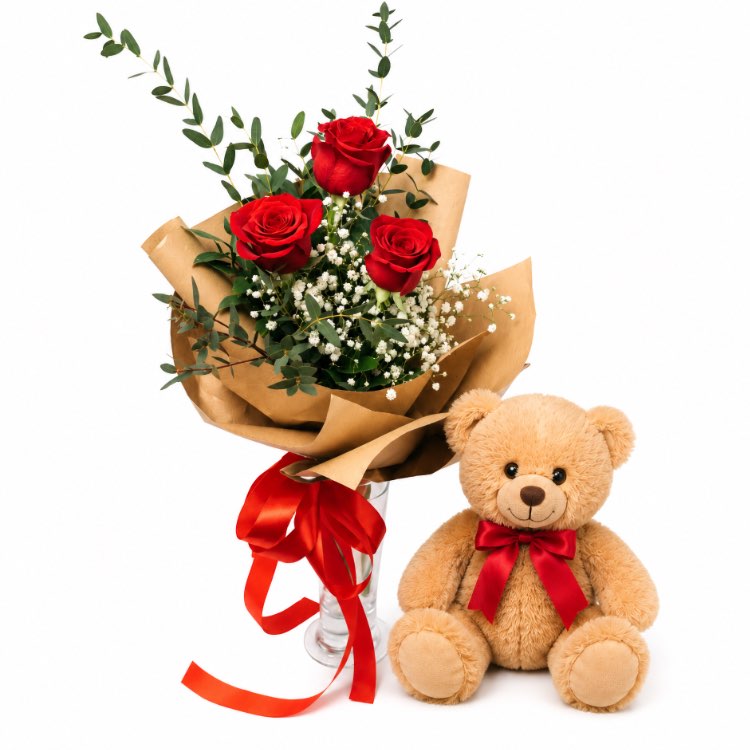3 rose rosse con orsacchiotto 3 rose rosse con orsacchiotto