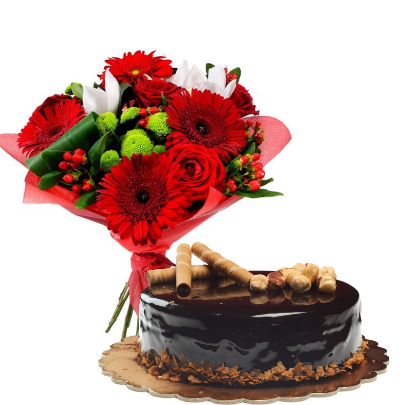 flores rojas mixtas y pastel de chocolate