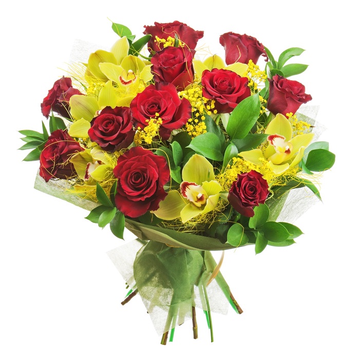 orquideas amarillas y rosas rojas