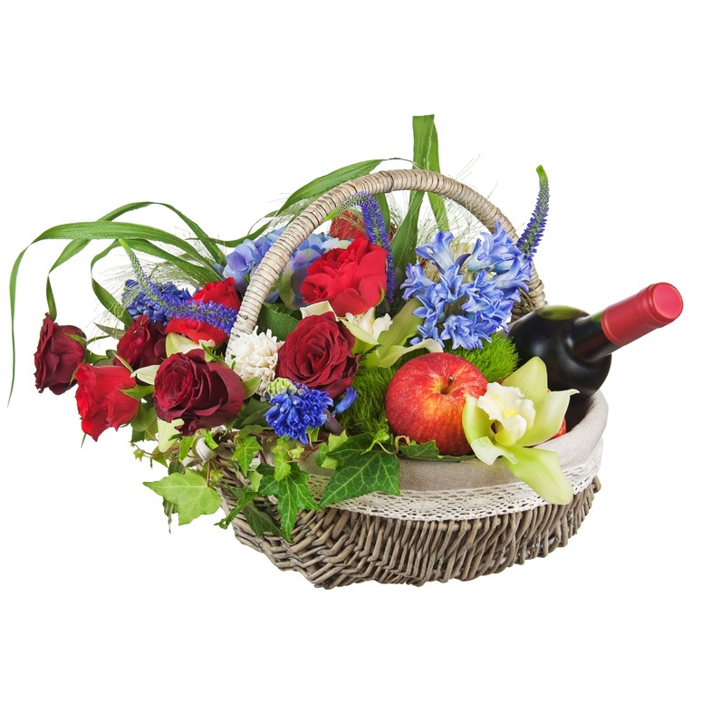 canasta de flores, frutas y vino